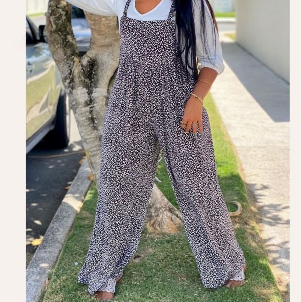 Black Animal Print Jumpsuit with Pockets